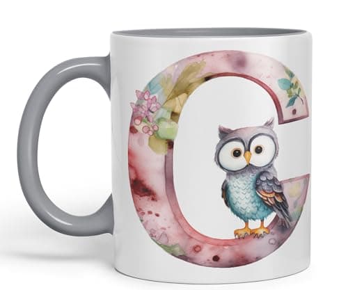 Image of Vixar Letter C Mug, Animals Alphabet Letter C Monogram Animal for Kids Ceramic Coloured Mug Cup for Tea Coffee Hot Brew 330ml 11Oz Gift (Grey)