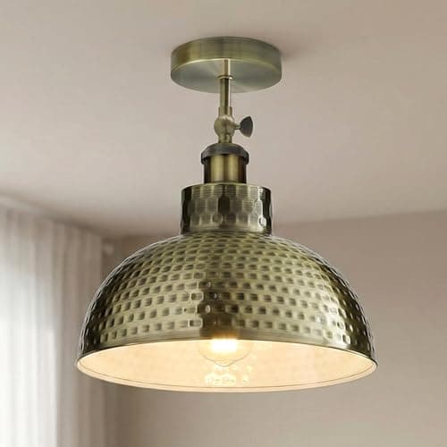 Image of DC VOLTAGE Vintage Green Brass Ceiling Light with Adjustable Arm – Hammered Dome Pendant Fixture, 26cm Industrial Metal Shade, Modern Retro Ceiling Lamp for Kitchen – E27 Bulb Compatible