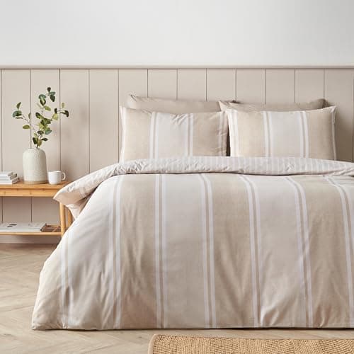 Image of Catherine Lansfield Banded Stripe Reversible Double Duvet Cover Set with Pillowcases Natural