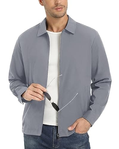 Image of EKLENTSON Mens Jacket Casual Lightweight Water Resistant Windbreaker Full Zip Thin Coats Collar Work Jackets Light Grey XL