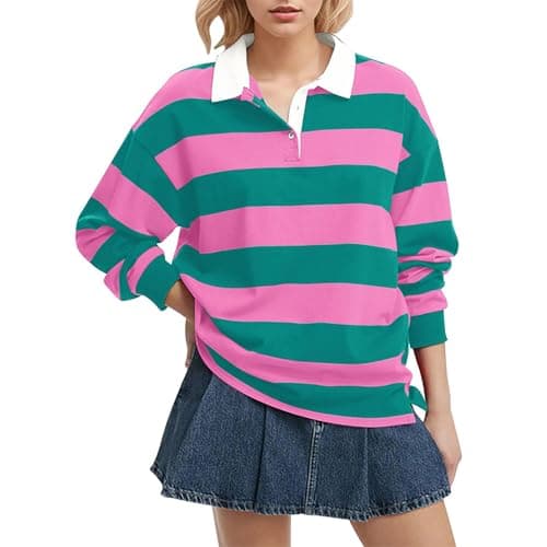 Image of Women's Oversized Striped Sweatshirt Long Sleeve Rugby Collared Pullover Tops Loose Fit Shirt Mock Top (Pink, M)