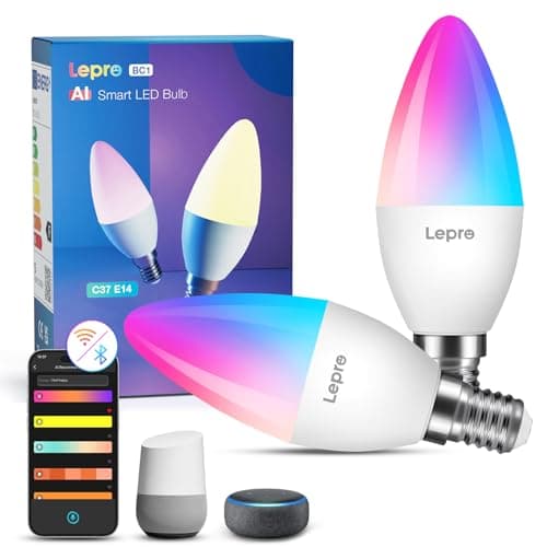 Image of Lepro AI Smart Light Bulb BC1, 4.9 W 470 LM Bulb E14 Dimmable, Personalised AI Light Designer, RGB+CCT, Compatible with Alexa/Google, Voice Control/Music Sync, WiFi & Bluetooth, Pack of 2