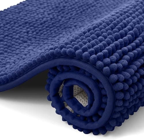 Image of smiry Non Slip Chenille Bath Mat, Extra Soft Bathroom Mat, Super Absorbent Fluffy Bath Mats for Bathroom, Machine-Washable Quick Dry Bath Rug Foot Mat, 40 x 60 cm, Navy Blue
