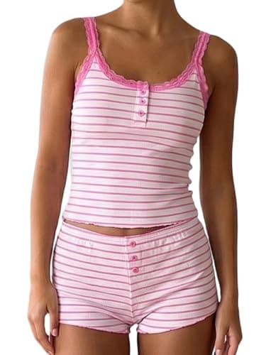 Image of Felcia Women's Y2k Two Piece Outfit Stripe Shorts Set Sleeveless V Neck Lace Cami Top Lounge Summer Clothes (A-Pink, L)