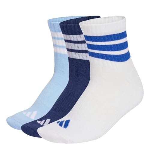 Image of adidas Unisex 3 STRIPES CUSHIONED SPORTSWEAR MID CUT SOCKS 3 PAIR PACK, dark blue/white/glow blue, 8.5-10