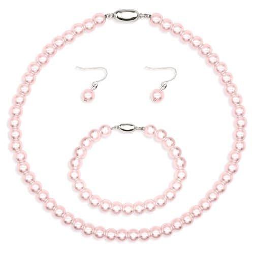 Image of Kucheed Imitation Pearl Jewelry Set, Faux Pearl Necklace Bracelet Earrings, 3 PCS Bridal Wedding Jewelry, Gift for Women (Pink)