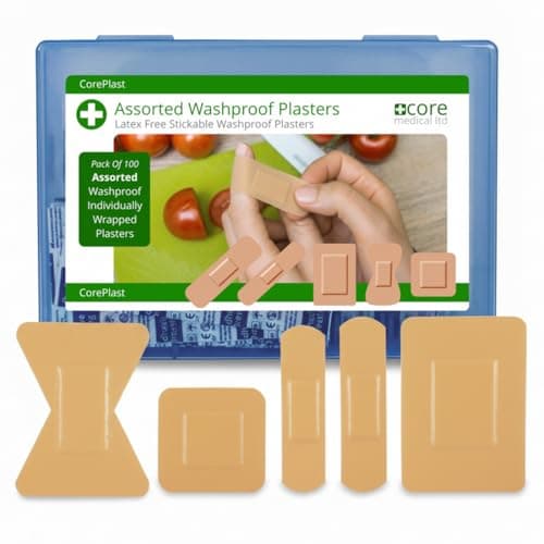 Image of Core Medical Washproof Latex Free Plasters - Assorted Pack of 100 in Reusable Hard Box - Waterproof and Great stickability