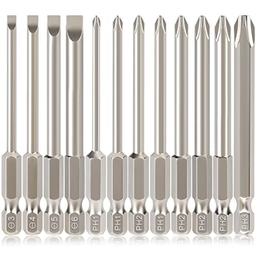 Image of Hakkin 12PCS PH2 Screwdriver Bits Set S2 Steel Magnetic Screwdriver Bits 75mm Slotted Phillips 1/4" Hex Shank Screwdriver Bit for Power Drill Impact Driver