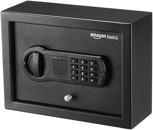 Image of Amazon Basics Small Slim Desk Drawer Security Safe with Programmable Electronic Keypad, Black, 30 cm W x 21.8 cm D x 11. 2 cm H