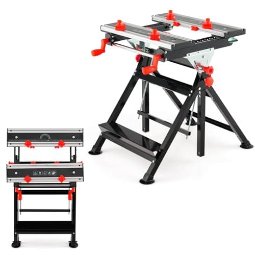 Image of TANGZON Folding Workbench, 7-Level Height Adjustable Flip Top Work Table with 8 Sliding Clamps, 2 Rotary Clamping Handles & Foot Pedal, Work Bench Tool Stand Saw Horse (Red, 75 x 60 x 103cm)