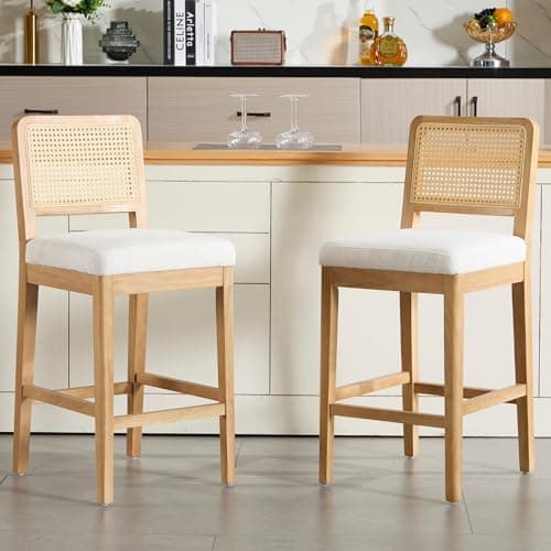 Image of chairus Kitchen Bar Stools Set of 2 Upholstered High Chair in Chenille Fabric Mid-Century Breakfast Counter Stool with Wooden Legs (White-2)