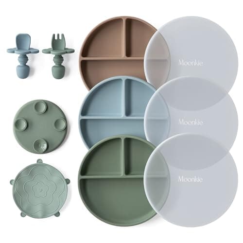 Image of Moonkie Suction Plate Baby, Weaning Set - 3 Pcs Baby Plates with Spoons Forks, Silicone Plates for Toddlers, BPA Free, Non-Slip, Divided Plate, Microwave and Dishwasher Safe(Warm Taupe/Ether/Sage)