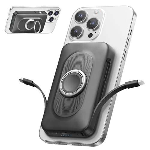 Image of Mag-safe Power Bank 20000mAh, 22.5W PD Wireless Power Bank Fast Charging, Portable Charger with Built in USB-C/IOS cable, Magnetic Battery Pack with Stand for iPhone 17/16/15/14/13/12 Pro Max Black
