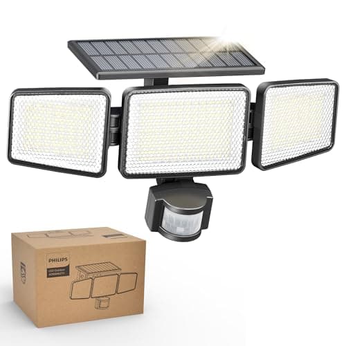 Image of Philips Solar Security Light Outdoor Light 302 LEDs 1200lm, Solar-Powered Waterproof Wall-Mounted Flood Light w/PIR Motion Sensor, 3 Heads, IP65 Waterproof, 3 Modes (1)