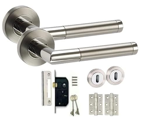 Image of Golden Grace Mitred Style Modern Chrome Door Handles on Rose with Duo Finish Door Lever Latch Pack with Ball Bearing Hinges and 64mm Tubular Latch or Bathroom Set or Lock Set (Key Lock Set)