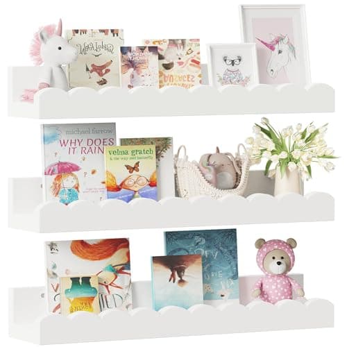 Image of Yirilan 3-Pack Scalloped Shelves, Nursery Shelves for Wall, Floating Nursery Book Shelves for Kids, Wood Wall Mounted Bookshelves, White, 43cm