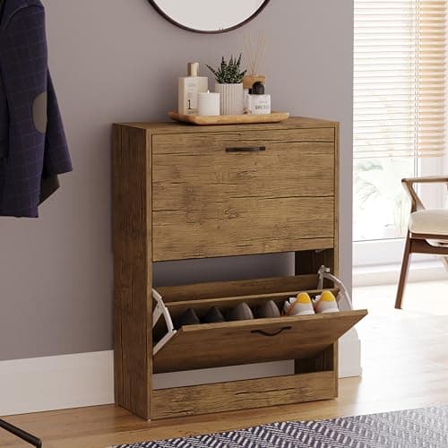 Image of Vida Designs Shoe Cabinet, Wooden Shoe Storage Unit with 2 Pull-Down Drawers, Multifunctional Dust-Proof Space-Saving Slim Design Cupboard for Hallway or Entryway (Antique Brown)