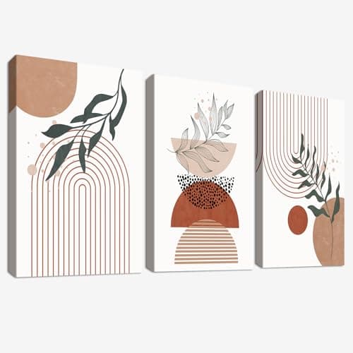 Image of 3 Pcs Wooden Framed Boho Abstract Geometric Canvas Wall Art Canvas Prints Black Beige Terracotta Minimalist Art Painting Picture for Living Room Bedroom Hallway Home Wall Decor 90x40cm(12"x16"x3pcs)