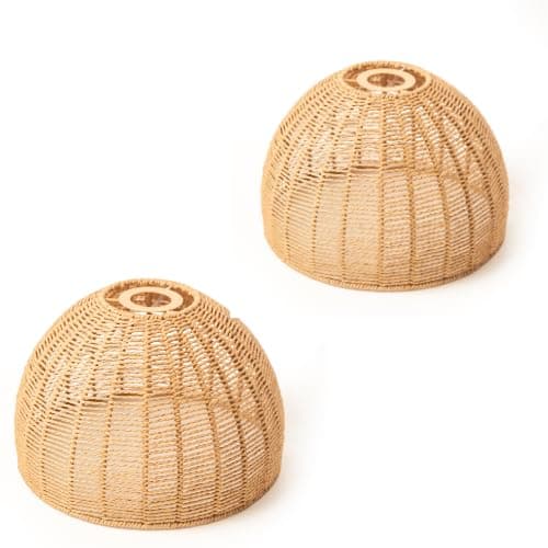 Image of Handwoven Dome Pendant Lampshade Natural Rattan-Style Ceiling Light Shade in Tight Weave Design Boho, Coastal & Minimalist Home Decor (H 23cm x W 29cm) Pack of 2