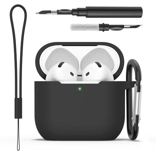 Image of Silicone Case for AirPods 4 Cover 2024, with Cleaner Pen & Carabiner, Protective Apple Airpods 4 Case, Effective Impact and Scratch Protection (Black)