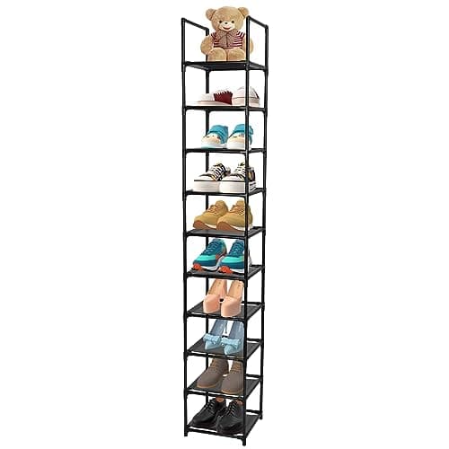 Image of Dyserbuy 10 Tier Shoe Rack, Tall Shoe Storage Organizer, Narrow Shoe Stand Shelf, Home Space Saving Shoe Tower with Non-Woven Fabric for Living Room, Bedroom, Closet, Hallway, Grocery Room, Black