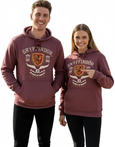 Image of Licensed Harry Potter Unisex Gryffindor Hoodie, Chainette fabric and Puff Print, Hooded Sweatshirt, with Embroidered Quidditch flag on sleeves (UK, Alpha, XL, Regular, Regular, Gryffindor)