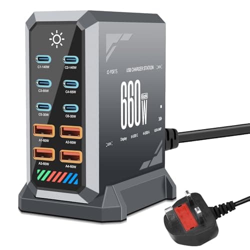 Image of 10 in 1 & 660W USB C Charging Station Hub GaN III Multi Port USB Fast Charger Block (6 USB‑C+4 USB‑A) PD140W Max USB C Laptop Charger Compatible with MacBook, iPhone, iPad, Galaxy S24/S23 (Grey)