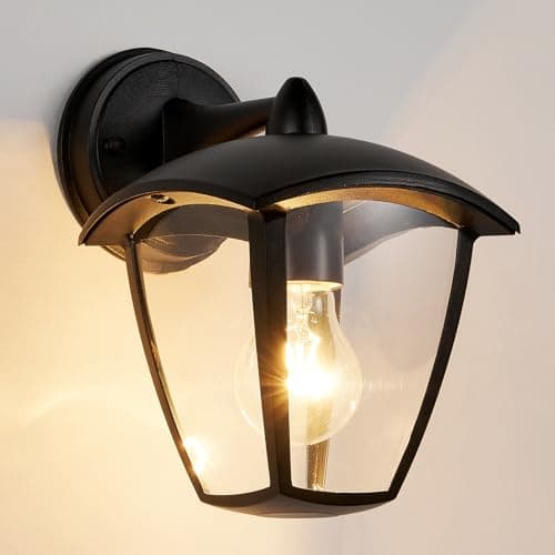 Image of HARPER LIVING Outdoor Wall Lights, E27 Outside Lights Mains Powered, IP54 Weatherproof Aluminum, Black Exterior Wall Lamp with Clear Shade, Security Lights for Porch, Front Door, Garden, Patio