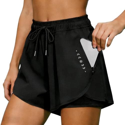 Image of Women 2 in 1 Running Shorts with Pocket, Lightweight Quick Dry Athletic Gym Shorts, Double Layer High Waisted Workout Bottoms for Jogging, Training, Fitness (UK, Alpha, M, Regular, Regular, Black)