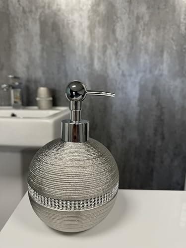 Image of Showerdrape Sparkle Silver Set of 5 Pieces Bathroom Accessory Set Soap Dispenser Toothbrush Tumbler Toilet Brush & Holder Resin (Liquid Soap Dispenser)