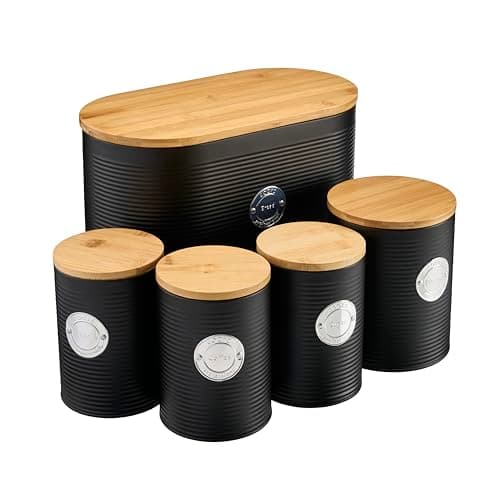 Image of Cooks Professional 5 Piece Ribbed Tea Coffee Sugar Bread & Biscuit Cannisters with Air-Tight Bamboo Lids | Stainless Steel Kitchen Storage Bin Set | Modern & Stylish | Black & Silver