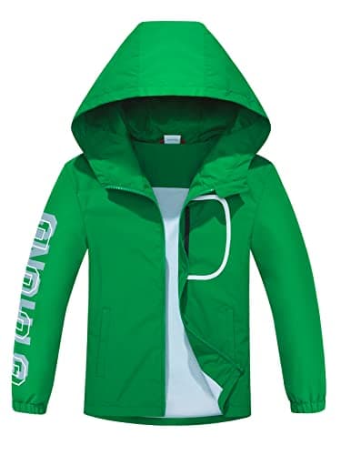 Image of ALXHUTE Boys Girls Waterproof Rain Jacket, Kids Lightweight Raincoat Windbreaker with Hood Green UK:15-16 Years (manufacturers's size: 170)