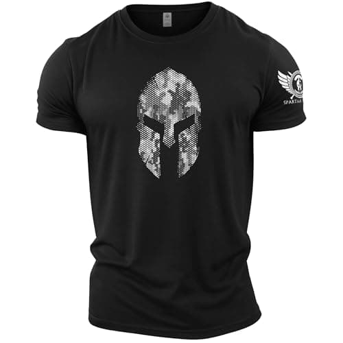 Image of GYMTIER Spartan Helmet Hex Camo - Spartan Forged - Men's Gym T-Shirt - Bodybuilding Workout Top, Black, XL