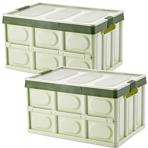 Image of Tuevob Collapsible Storage Bins 2 Pack 30L - Lidded Plastic Tote Container with Stackable Folding Utility Crate for Clothes, Toys, Books, Snacks, Shoes, Grocery - Green