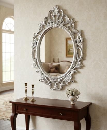Image of Biznest Ornate Baroque Wall Mounted Mirror Oval Shape Vintage Plastic Framed Best Gift Chic Antique Home Decor Luxury Dressing Table Vanity Display 69 X 48 X 3.5 Cm (SILVER)