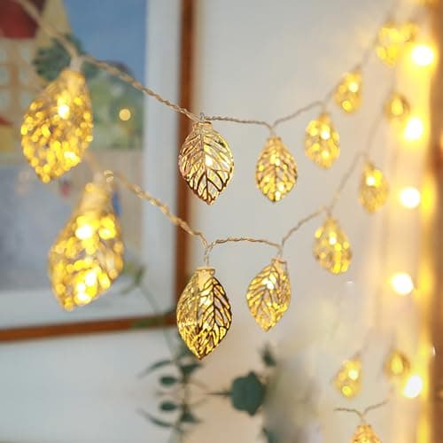 Image of KINGCOO Vintage Lampshade Geometric Lights, 3.3M/10ft 20LED Gold Metal Lantern Polygonal Battery Operated Fairy String Lights for Home Bedroom Garden Wedding Party Decoration (Leaves)