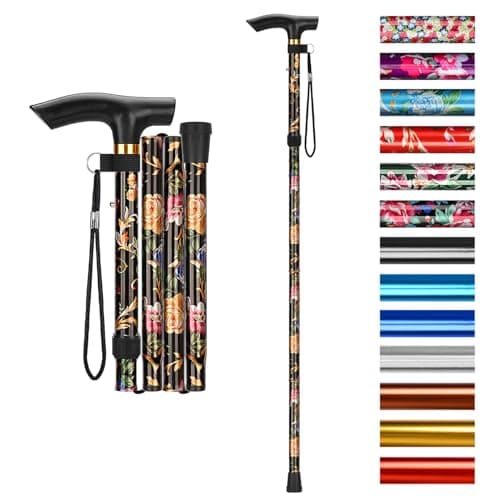 Image of supregear Walking Stick - Adjustable Folding Walking Sticks for Women and Men - Lightweight Portable Collapsible Balancing Aid - Foldable Travel Cane for Ladies Elderly Adults, Black Floral