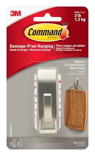 Image of Command Medium Modern Reflections Brushed Nickel Metal Hook - 1 Hook and 2 Adhesive Strips - Indoor Use - Hang Jackets, Purses, Handbags, Hats, Scarves, Dog Leads - Organise Damage Free
