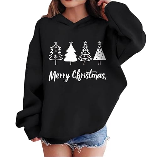 Image of Kids Girl Xmas Jumpers Christmas Tree Graphic Hooded Sweatshirt, Casual Oversized Hoody Pullover Long Sleeve Tops Fall Winter Holiday Party Clothing Black 11 Years