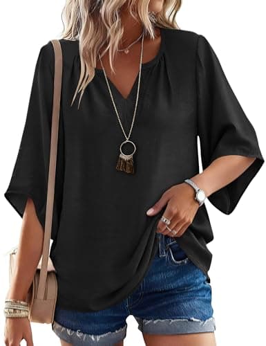 Image of iWoo Ladies 3/4 Sleeve Boho Floral Blouses V Neck Loose Fit T Shirts Summer Daily Wear Tunic Tops(20-22,Black)
