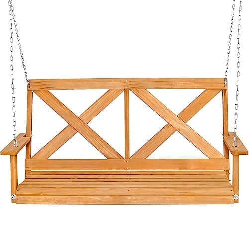 Image of SFAREST 2-Person Outdoor Swing Chair, Solid Wood Swing Bench with Adjustable Chains, Heavy-Duty Hanging Loveseat for Porch Garden Tree