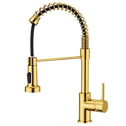 Image of FORIOUS Kitchen Tap, Spring Kitchen Sink Mixer Taps, Commercial Faucet Single Handle Lever, High Arc Swivel 360 with 2 Spray Mode, Brushed Gold