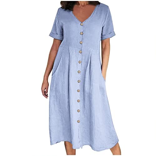 Image of AMhomely Summer Dress Women UK-Button Down Shirt Dress,Plus Size Cotton Linen Dresses with Pocket,V Neck,Short Sleeve,Bohemian Beach Sundress,Office Work,Holiday Vacation B Light Blue M