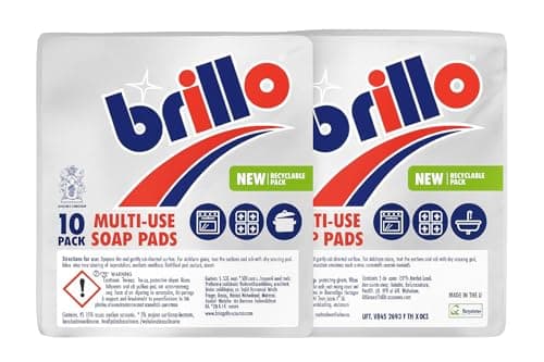 Image of Brillo Multi-Use Soap Pads 10pcs (Pack of 2) | Heavy-Duty Scrubbing | Pre-Loaded with Soap | Removes Tough Grease & Grime | Multi-Surface Cleaning | Rust & Stain Remover for Kitchen & Outdoor Use