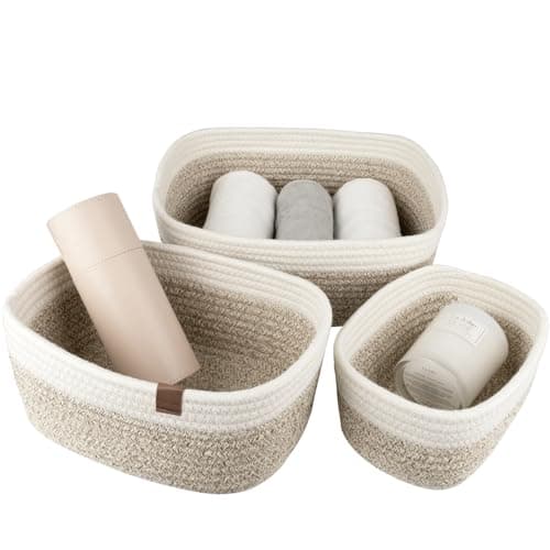 Image of LA JOLIE MUSE Storage Baskets, Cotton Rope Woven Bathroom Storage Basket Set of 3, Small Basket Box Organizer Bins With Handles