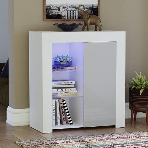 Image of Vida Designs Azura 1 Door Modern LED Sideboard in White & Grey, RGB Lights (Fade/Strobe Options Included), High Gloss