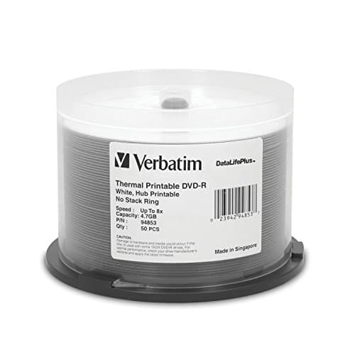 Image of Verbatim DVD-R 4.7GB 8X DataLifePlus White Thermal Printable, Hub Printable - 50pk Spindle