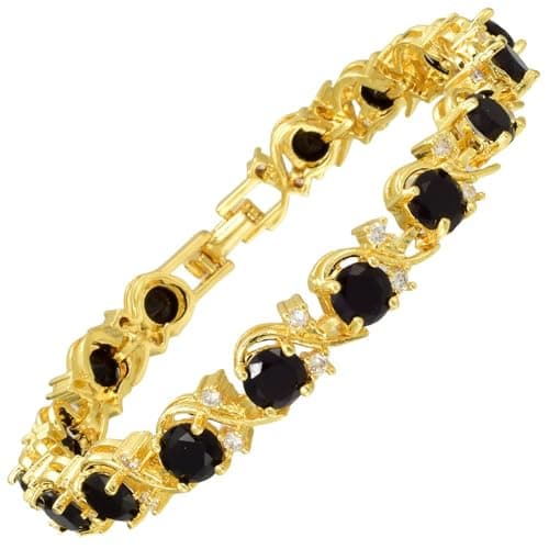 Image of RIZILIA BLOSSOM Tennis Bracelet & Round Cut CZ [Simulated Black Onyx] in Yellow Gold Plated, 7", Gift for Women