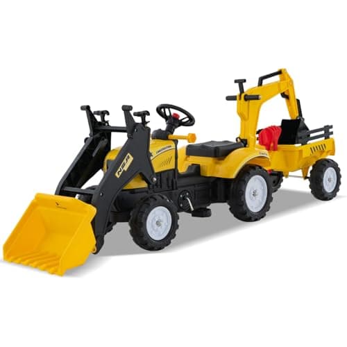 Image of GYMAX Kids Ride On Excavator, 3 in 1 Children Pedal Tractor with Detachable Trailer, Adjustable Digging & Shovel Bucket and Horn, Toddlers Pedal Car for 3-6 Years Old Boys Girls (Yellow)