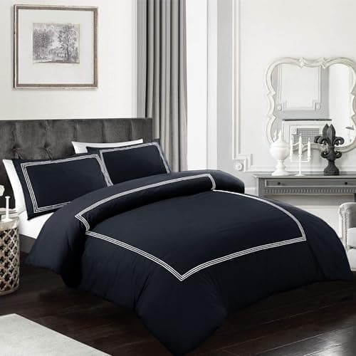 Image of My home store Embroidered Duvet Cover Hotel Quality 200TC Bedding Set Soft Breathable 100% Poly Cotton Quilt Cover with Pillowcases (Bratta Stitch Black/White, King)